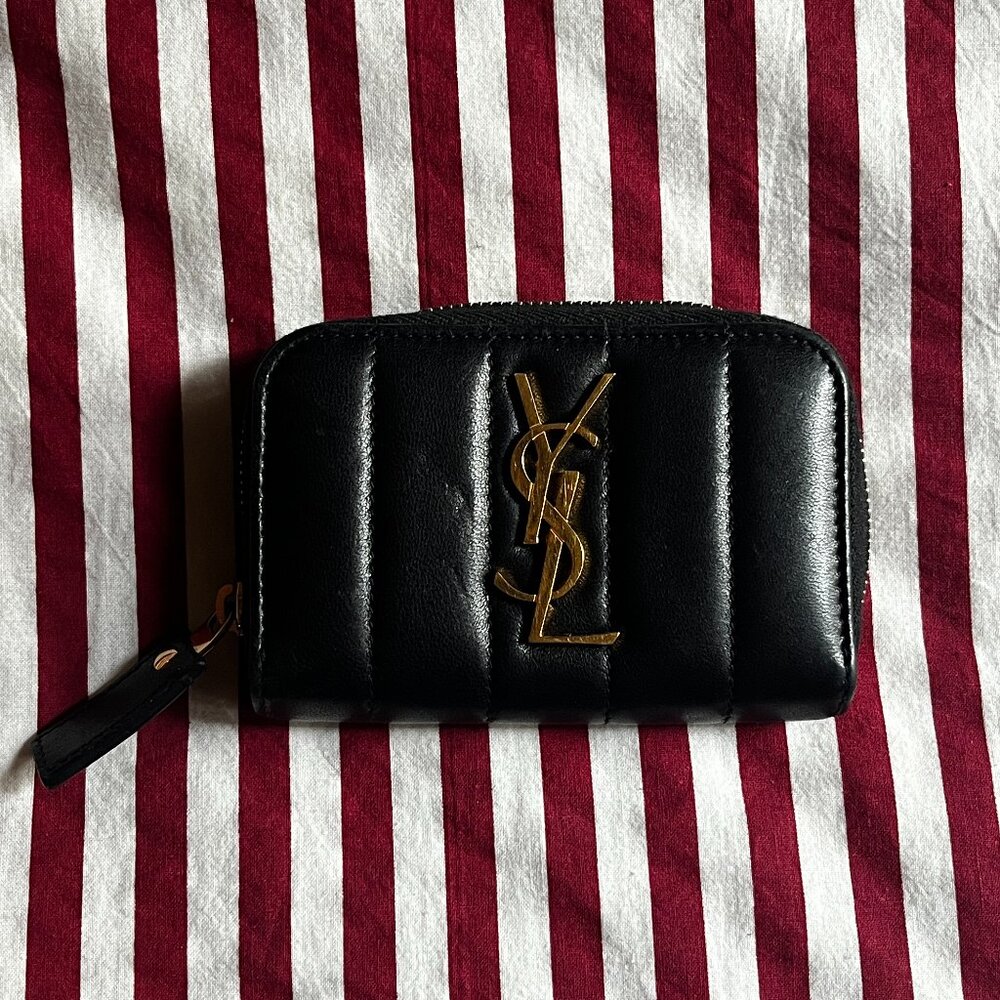 Saint Laurent YSL Vicky Quilted Leather Zip Coin Case Wallet Black